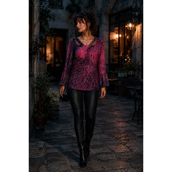 Ruby Rd. Tops - Ruby Rd XL Pink Black Velvet Burnout Tunic Bell Sleeve Whimsigoth Art to Wear